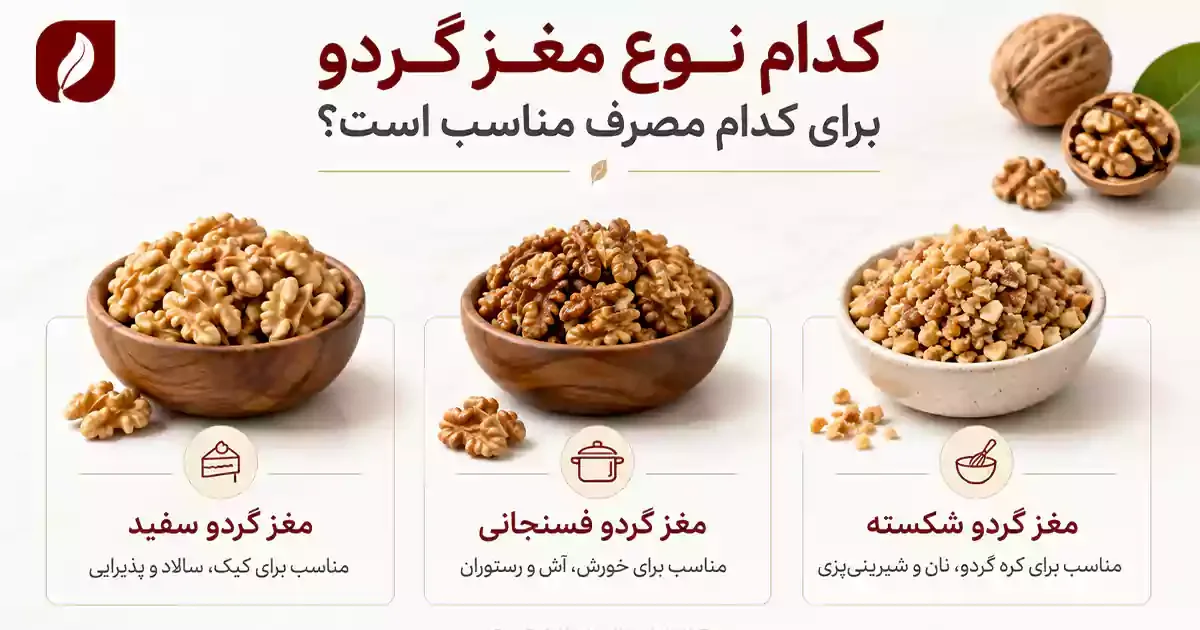 راهنمای انتخاب نوع مغز گردو برای مصرفهای مختلف شامل مغز گردو سفید، فسنجانی و شکسته